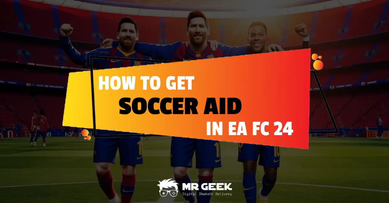 EA Sports FC 24のメインメニューでUltimate Teamモードを選択し、ClubセクションのSoccer Aidチームオプションを紹介しています。